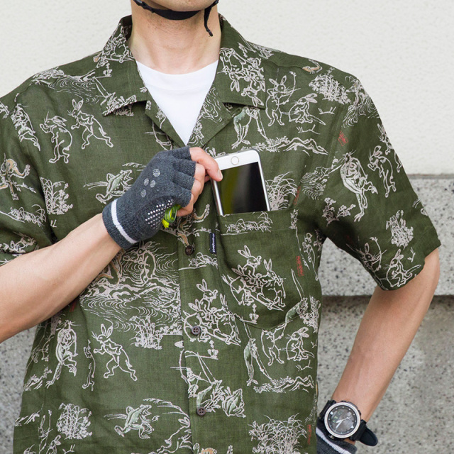 直営限定【戯画シャツ】さらっとした麻100％ 開襟 鳥獣戯画