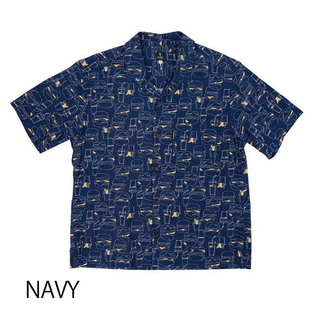 サイクリストアロハ バーガー】ハンバーガー柄 背ポケット 開襟 日本製