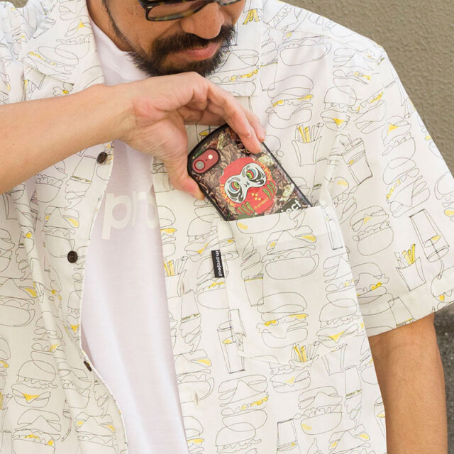 サイクリストアロハ バーガー】ハンバーガー柄 背ポケット 開襟 日本製