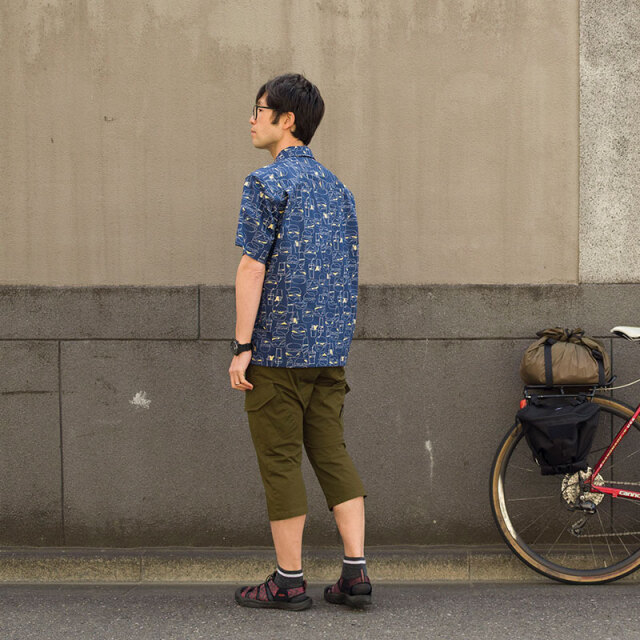 サイクリストアロハ バーガー】ハンバーガー柄 背ポケット 開襟 日本製