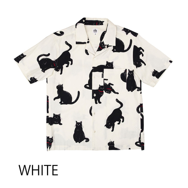 【シャノアシャツ】黒猫プリント バックポケット付き開襟シャツ 創業40周年記念 日本製 No.2296