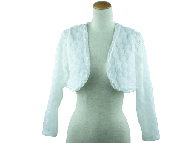 ボレロ　結婚式　ふんわり薔薇が華やか長袖ボレロ　白 　