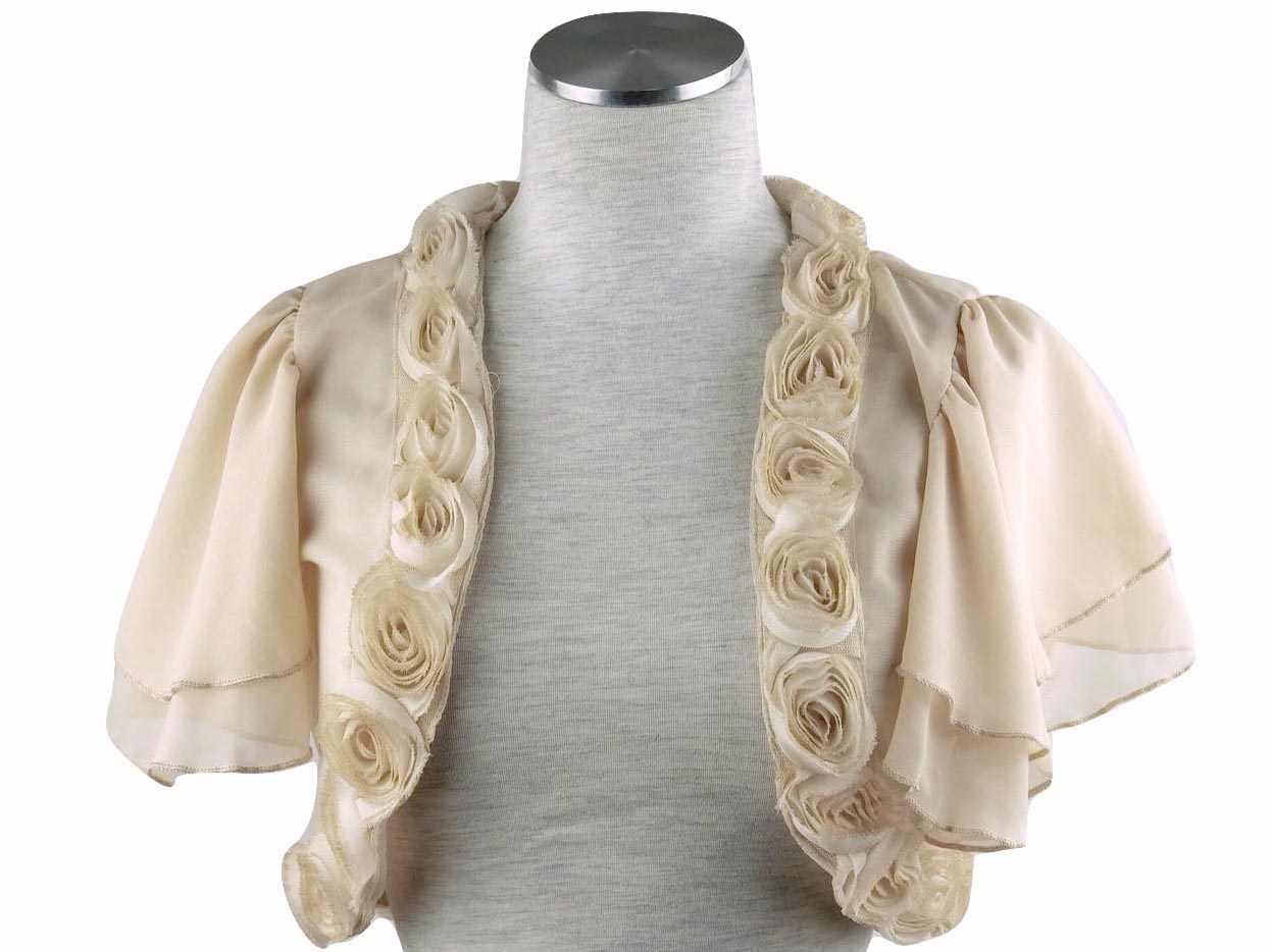 ボレロ　結婚式 薔薇モチーフがエレガントなティアード袖のシフォンボレロ