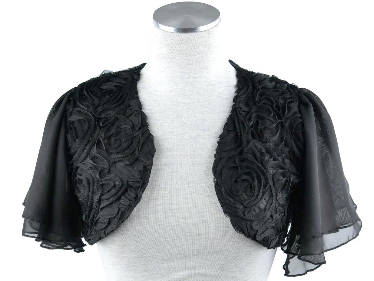 ボレロ　結婚式 立体薔薇がエレガントなフォンボレロ 黒