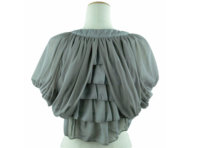 ボレロ　結婚式　背中ティアードの薔薇モチーフシフォンボレロ　グレー