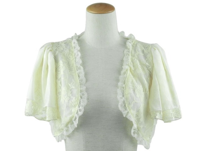 ボレロ　結婚式　薔薇レース＆シフォンの背中ティアードボレロ　ベージュ