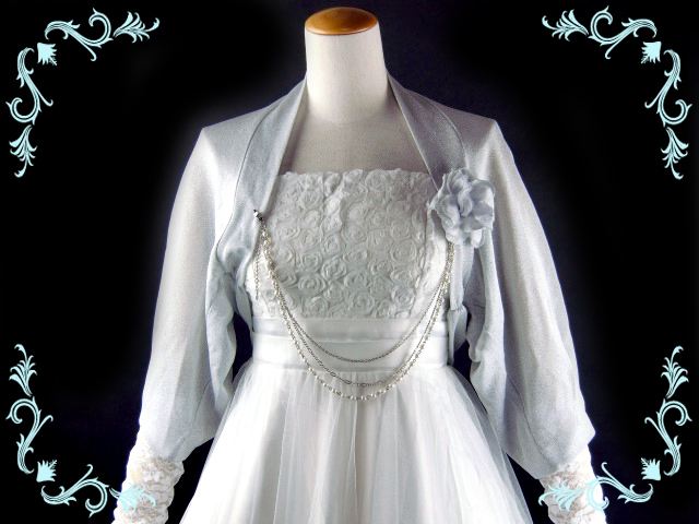 ボレロ　パール　ラメ入りフェミニンボレロ　コサージュ＆パールチェーン付　シルバー