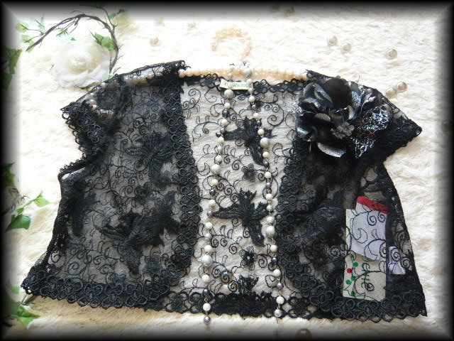 ボレロ　パピヨン刺繍が素敵なシフォンフリルボレロ　黒
