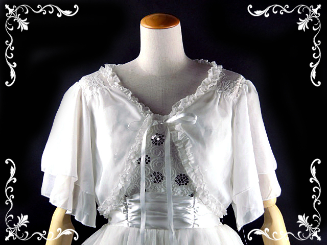 ボレロ　シフォン　背中レース切り替えの シフォンフリルボレロ リボン付　白