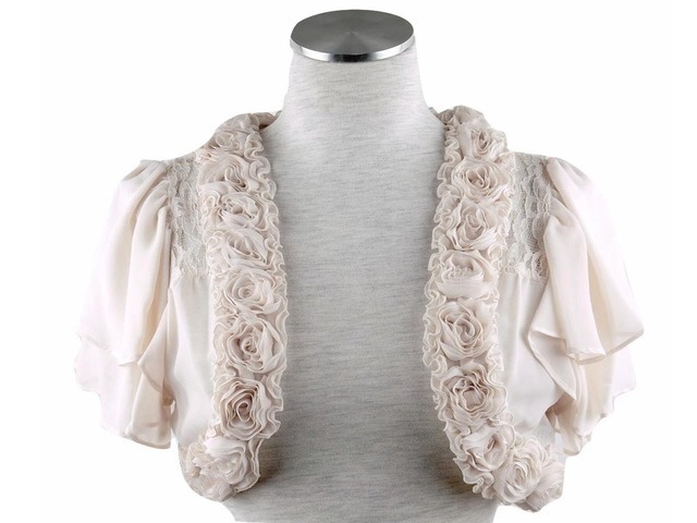 ボレロ　結婚式　華やかな薔薇モチーフが素敵なふんわりティアード袖のフォン＆レースボレロ ベージュ 11号