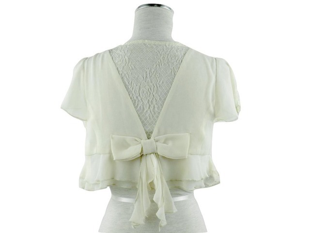 ボレロ　結婚式　バックリボン＆レースが可愛いシフォン＆レースボレロ　ベージュ