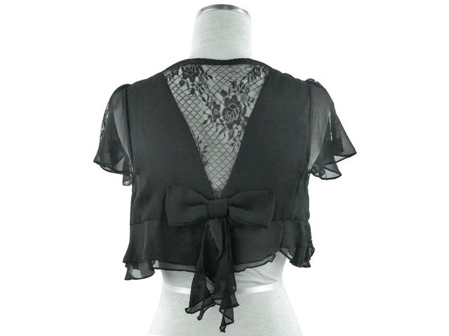 ボレロ　結婚式　バックリボン＆レースが可愛いシフォン＆レースボレロ　黒