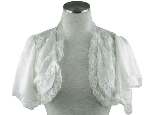 ボレロ　結婚式　花模様レースが上品なシフォンとレースの素敵なボレロ 白