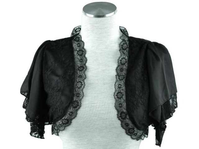 ボレロ　結婚式　花模様レースが上品なシフォンとレースの素敵なボレロ 黒