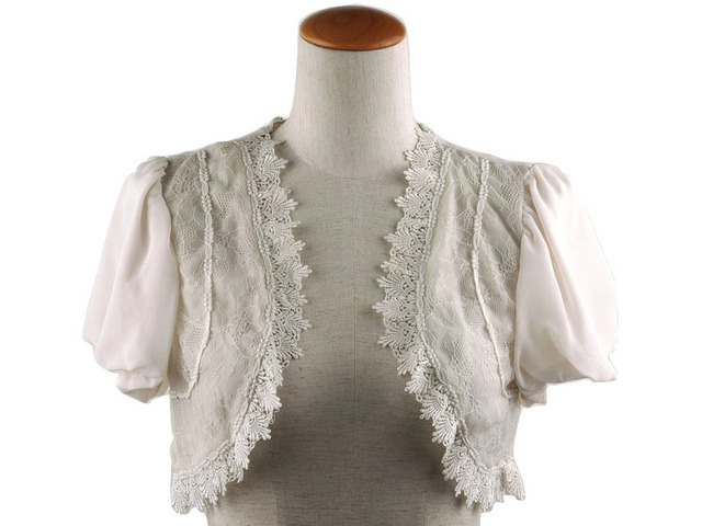 ボレロ 結婚式 レースが清楚なバルーン袖のシフォン＆レースボレロ　ベージュ　