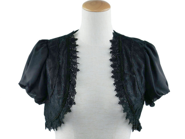 ボレロ 結婚式 レースが清楚なバルーン袖のシフォン＆レースボレロ　黒　