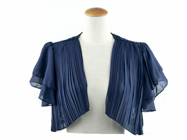 ボレロ 結婚式 ふんわりラッフル袖が可愛らしいシフォン＆レースが上品なボレロ　紺