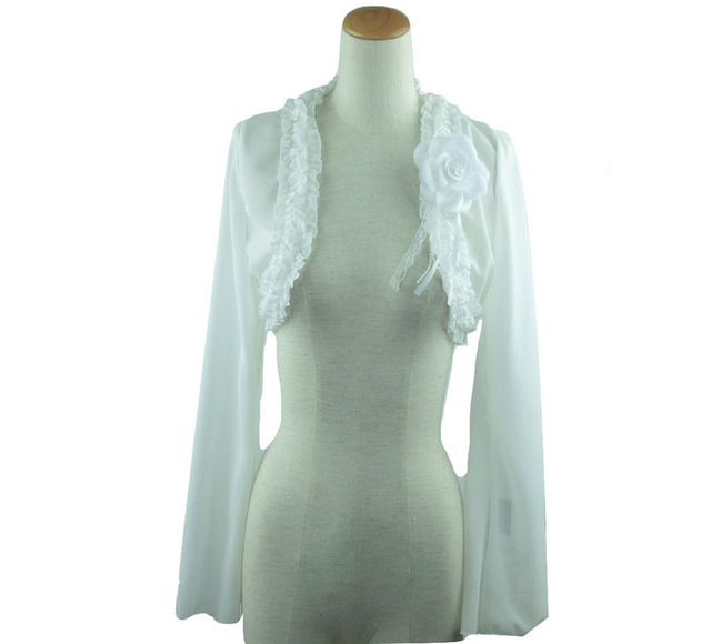 ボレロ　結婚式　マンダリンスリーブのエレガントシフォンボレロ　コサージュ付　白