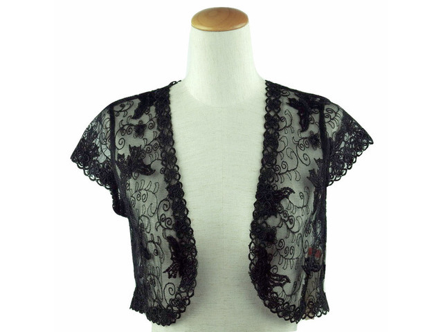 ボレロ　結婚式　パピヨン刺繍がエレガントなレースボレロ　黒