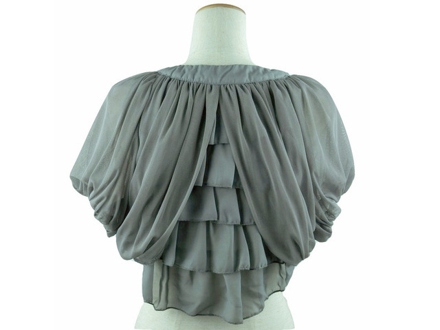 ボレロ　結婚式　背中ティアードの薔薇モチーフシフォンボレロ　グレー