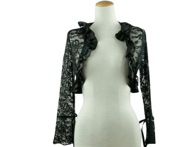 ボレロ　結婚式　エレガントなサテンレースフリルボレロ　黒