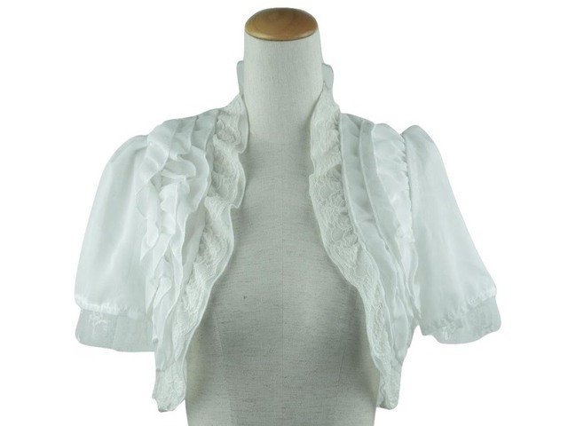 ボレロ　結婚式　スタンドカラーのレース＆シフォンのフリルボレロ　白