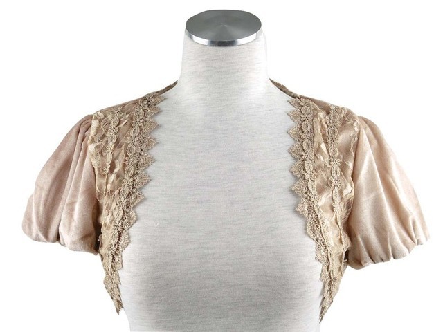 ボレロ　結婚式　レースが素敵な華やかベロアボレロ　 ベージュ