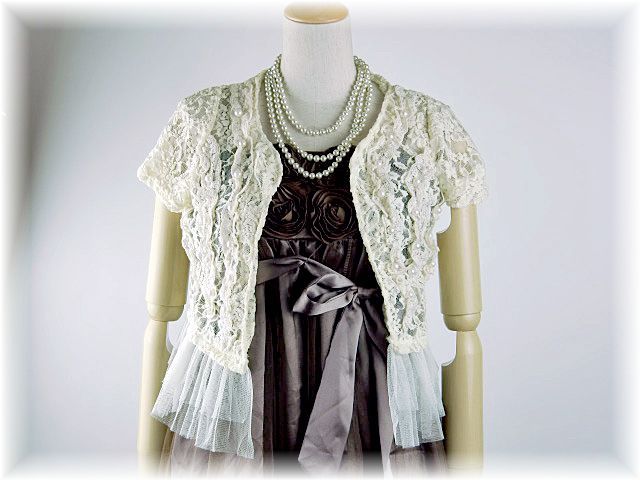 ボレロ　レース 　花柄レース＆チュールフリルがエレガントなパール付ボレロ　ベージュ