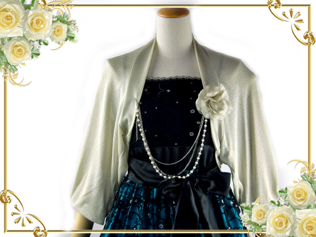 ボレロ　パール　ラメ入りフェミニンボレロ コサージュ＆パールチェーン付 ゴールド