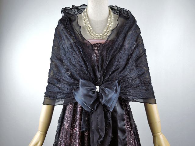 ボレロ　ショール　レースとシフォンの2枚合せのリボンが可愛いショール