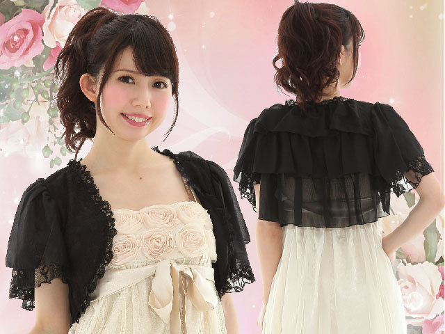 ボレロ　バラ　背中ティアード　薔薇レース＆シフォンのキュートボレロ　黒