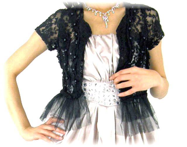 ボレロ　レース 　花柄レース＆チュールフリルがエレガントなパール付ボレロ　黒