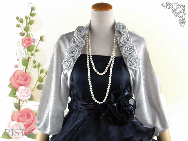 バラモチーフが可愛いラメ混ストレッチ5分袖ボレロ　シルバー