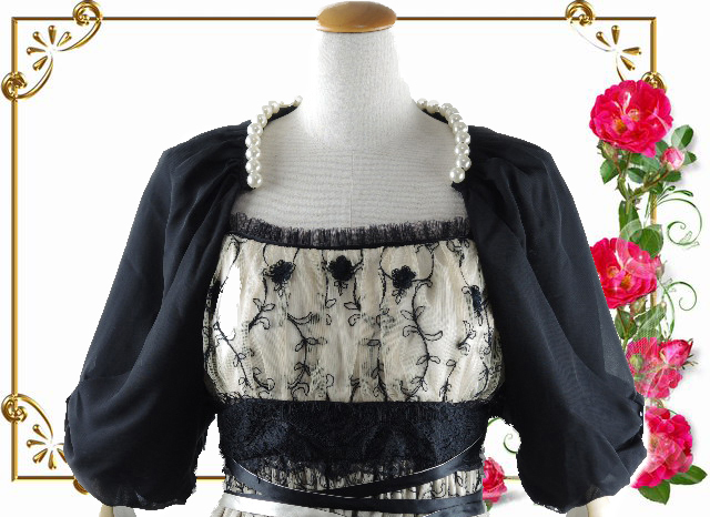 ボレロ　パール　襟元パールが素敵なふんわりシフォンボレロ　黒