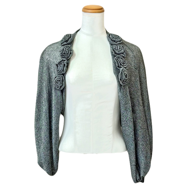 ボレロ　バラモチーフが可愛いラメ混ストレッチ5分袖ボレロ　黒