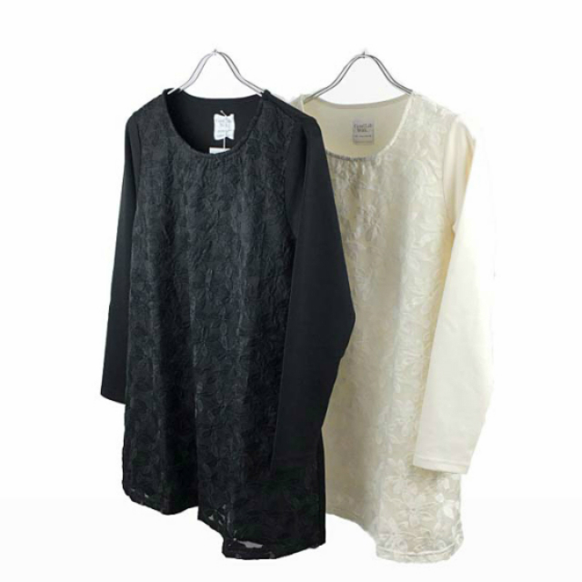 オーガンジーレースのAラインゆったりチュニック　白・黒　M