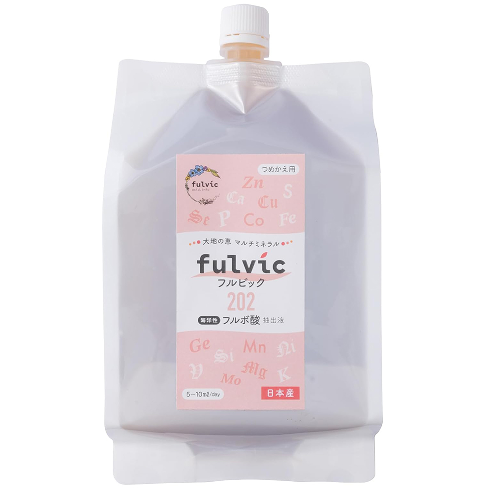 フルボ酸原液100%飲料 【フルビック202  1L  つめかえパウチ】 天然由来のマルチミネラルとフルボ酸を高濃度抽出 | 無味無臭/苦味なし | 60mlカップ付きボトル＆オリジナル取説付き
