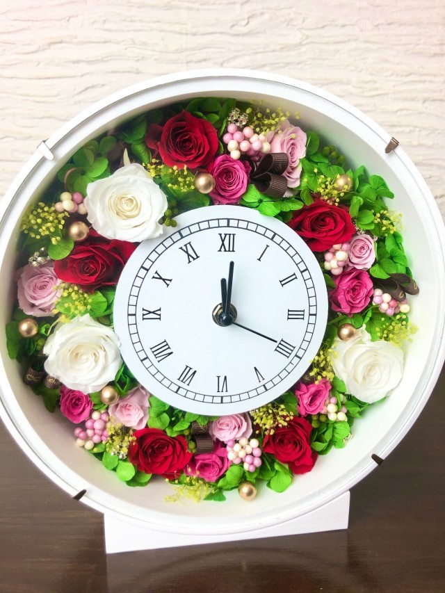 壁掛けにもなるお花の時計プリザーブドフラワー レッドピンク 【RI-HT 