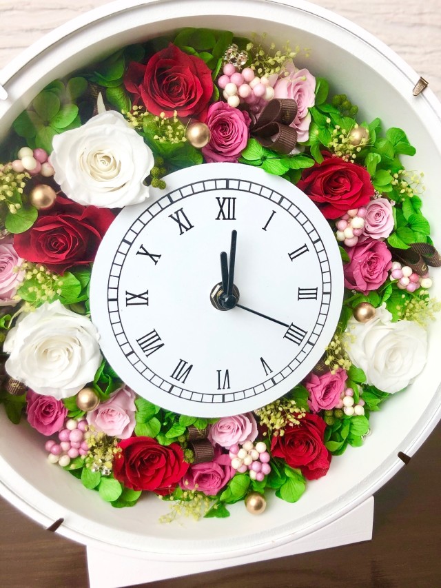 壁掛けにもなるお花の時計プリザーブドフラワー レッドピンク 【RI-HT 