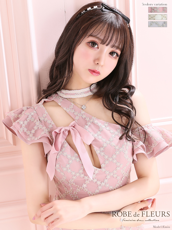 ラメ刺繍レース×アシンメトリータイトミニキャバドレス(fm2216)