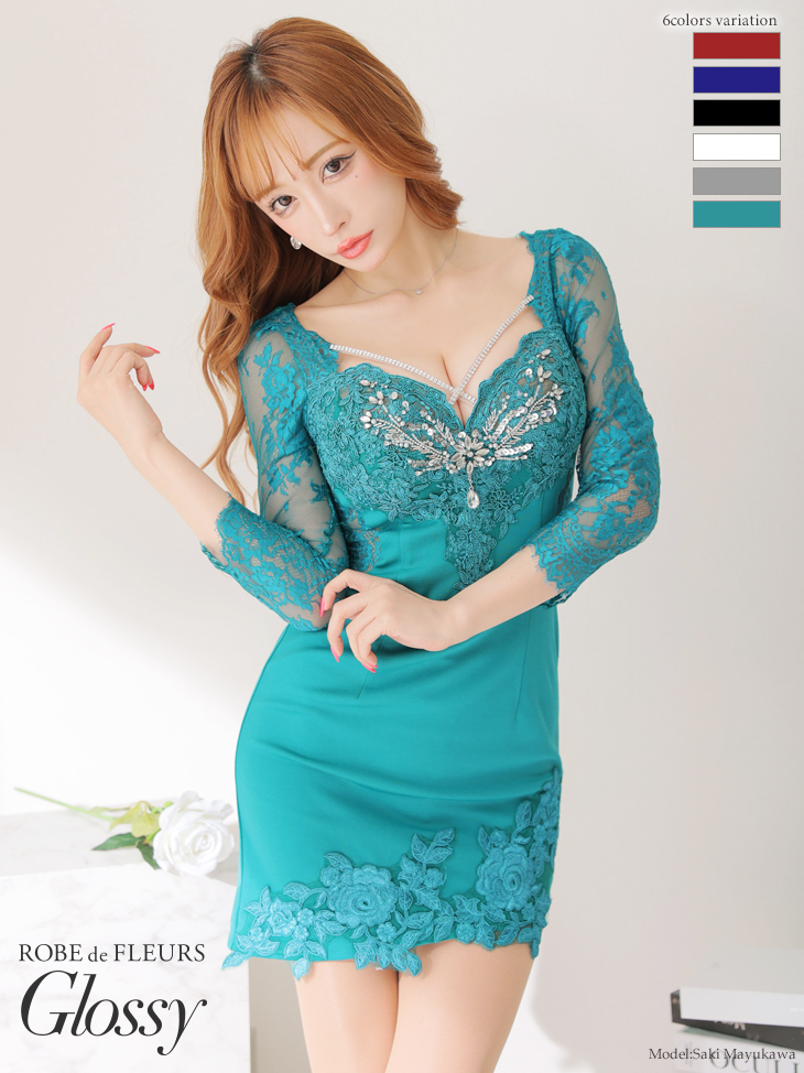 【Lサイズあり】レーススリーブ×バストクロスタイトミニキャバドレス(GL2473)