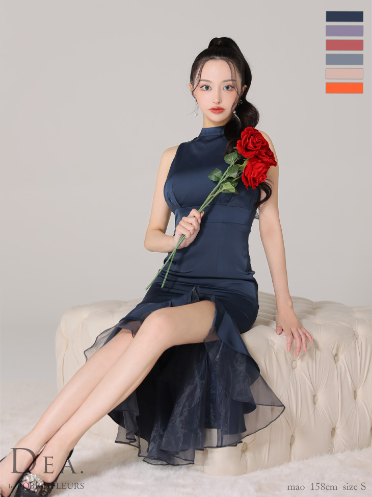 【Lサイズあり】アシンメトリーフリルｘバックチュールリボンキャバドレス(DE2758)