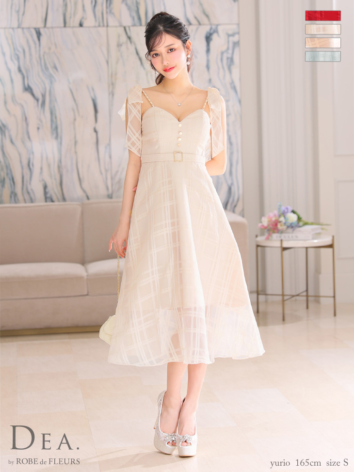 【XS～Lサイズあり】肩リボン×チェック柄オーガンジーフレアロングキャミキャバドレス(DE3346)