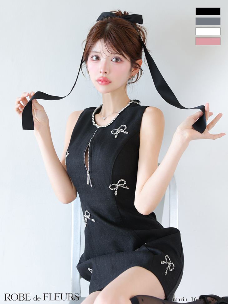 【XSサイズあり】リボンビジューノースリーブミニキャバドレス(fm3454)