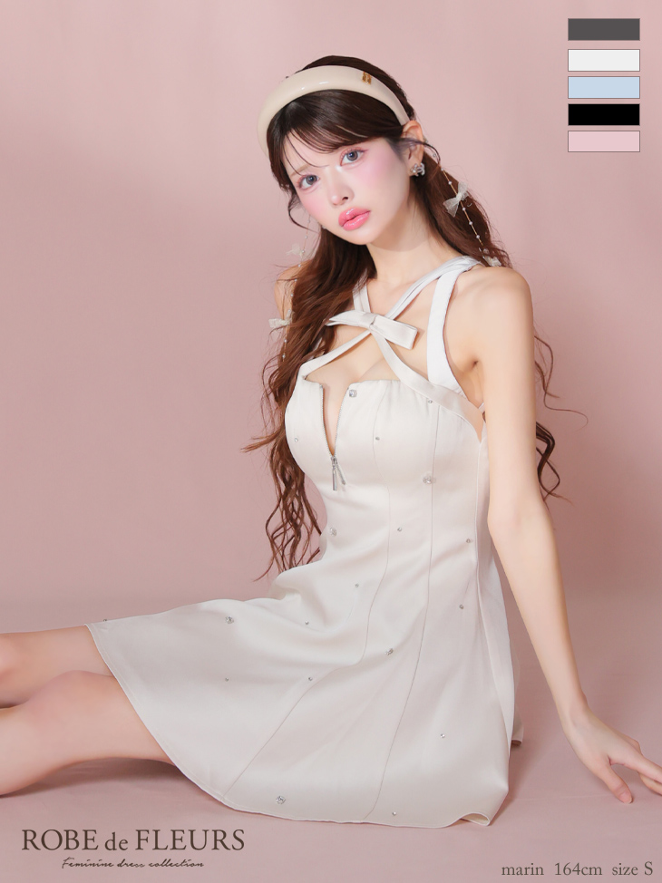 ★予約商品★【6月中旬頃入荷予定】【XSサイズあり】サテンネックリボンバストジップフレアミニキャバドレス(fm3597)
