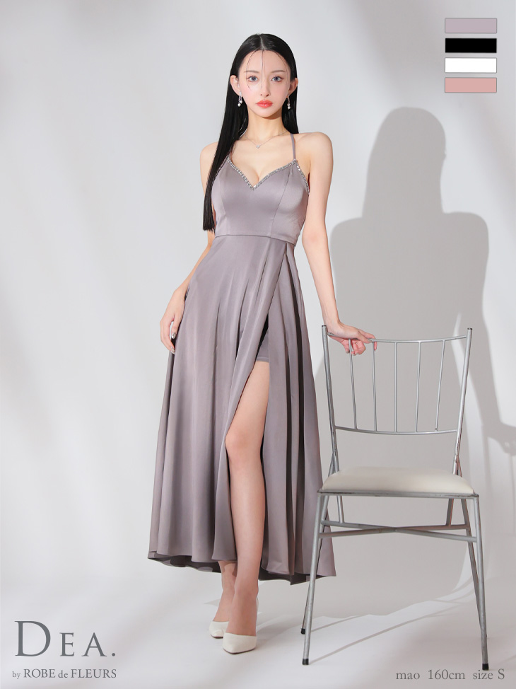 【Lサイズあり】バストビジュースリットサテンキャミロングキャバドレス(DE3774)