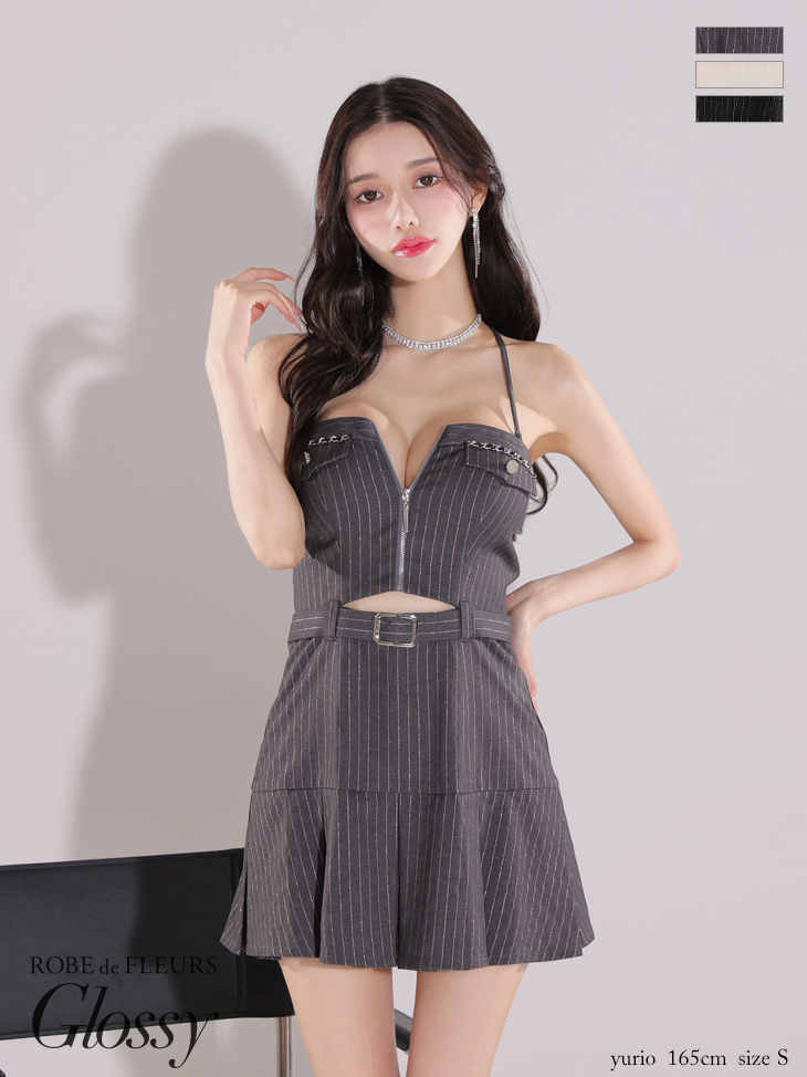 【XSサイズあり】2way♥ストライプバストジップベルトデザインミニキャバドレス(GL3900)