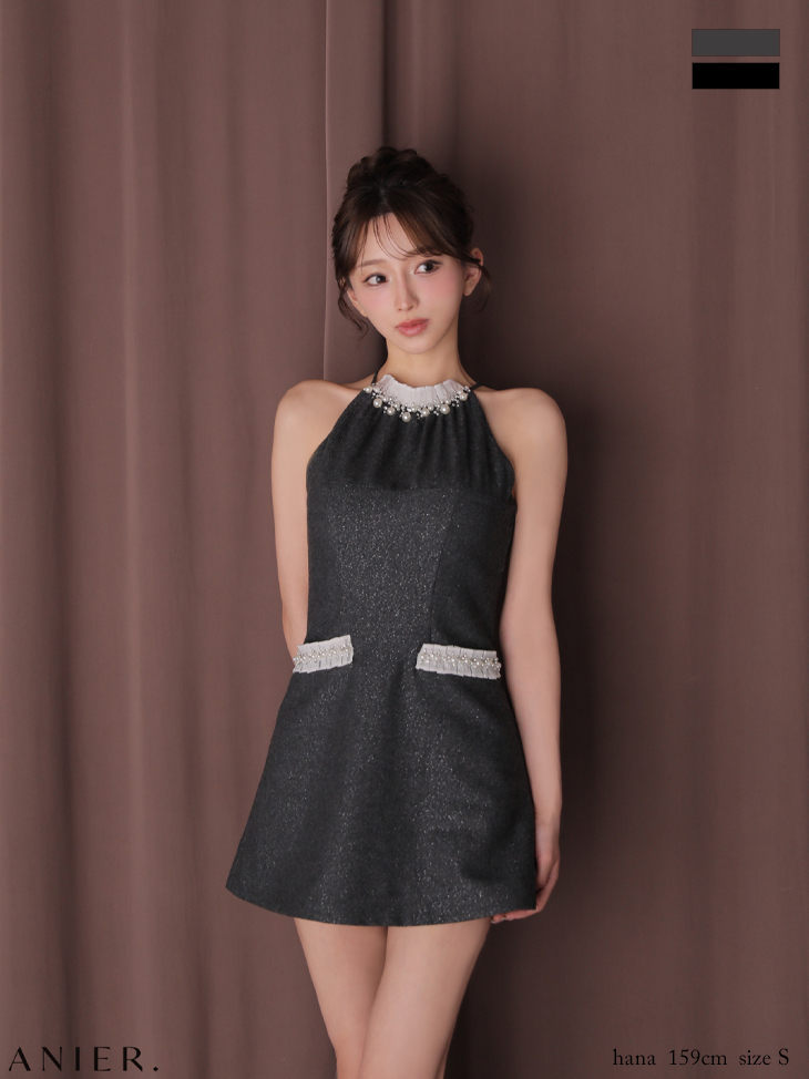 【XSサイズあり】Glitter flannel halter pearl mini dress (anier4057)