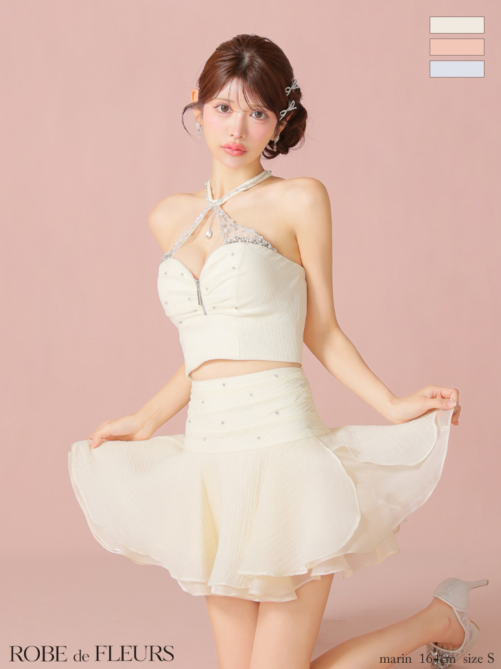 ★一部予約商品★【5月上旬頃入荷予定】【XSサイズあり】ビジューホルターシフォンフレアミニキャバドレス(fm4103)