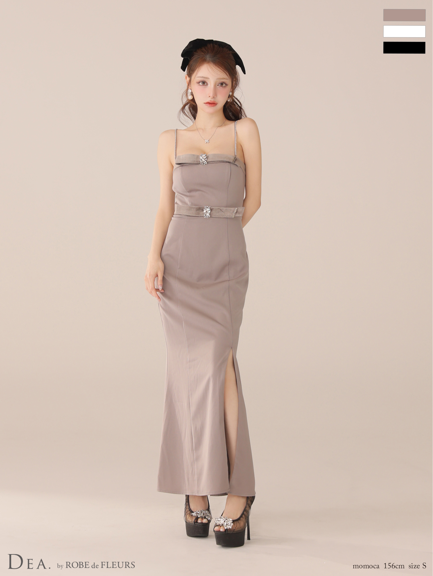 【Lサイズあり】サテンベロアスリットロングキャミキャバドレス(DE4118)